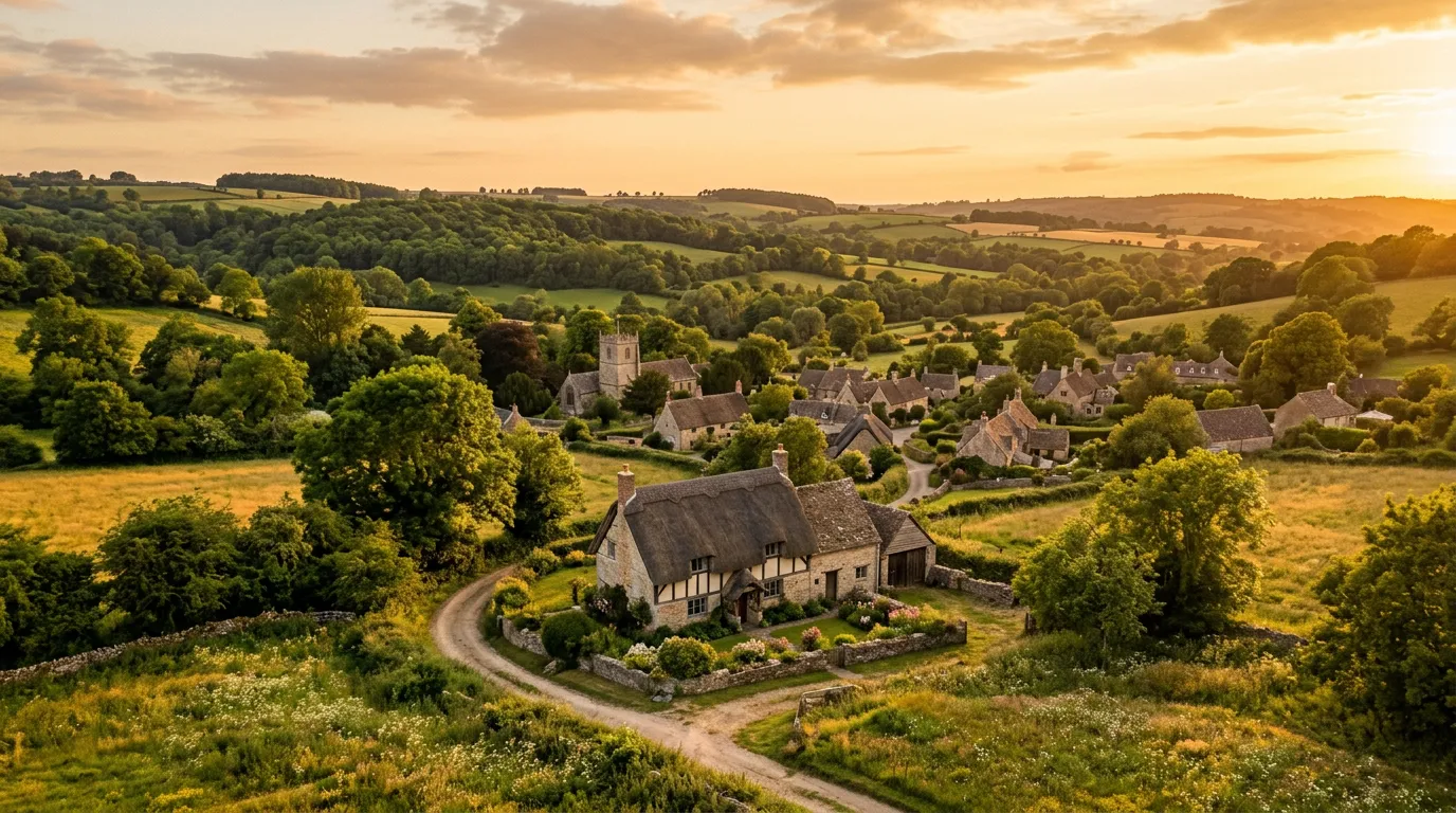 Traditional farmhouse with village landscape in background, rural architecture and natural scenery, golden hour lighting