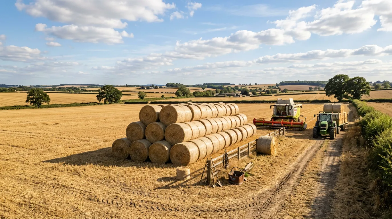 Hay bales stacked in harvested field with sunshine, harvesting equipment and tools visible, agricultural landscape