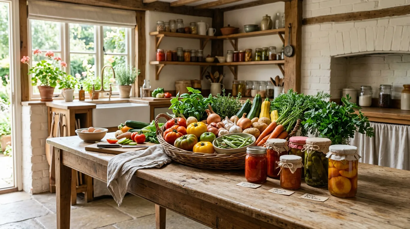 Rustic farmhouse kitchen with fresh vegetables from harvest, jars of preserves and homemade goods, wooden table, natural light