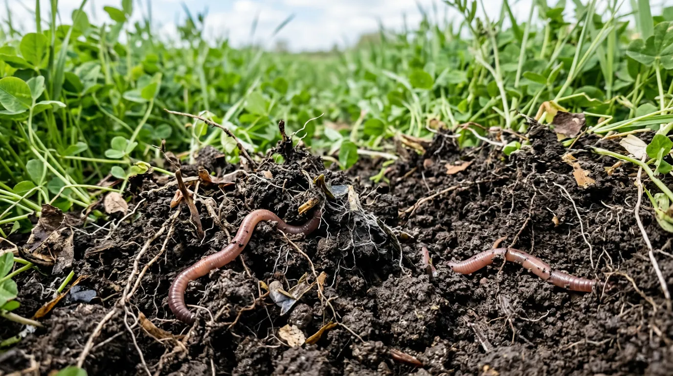 Healthy soil close-up with earthworms and organic matter, green cover crops in field, biological diversity visible, photorealistic macro