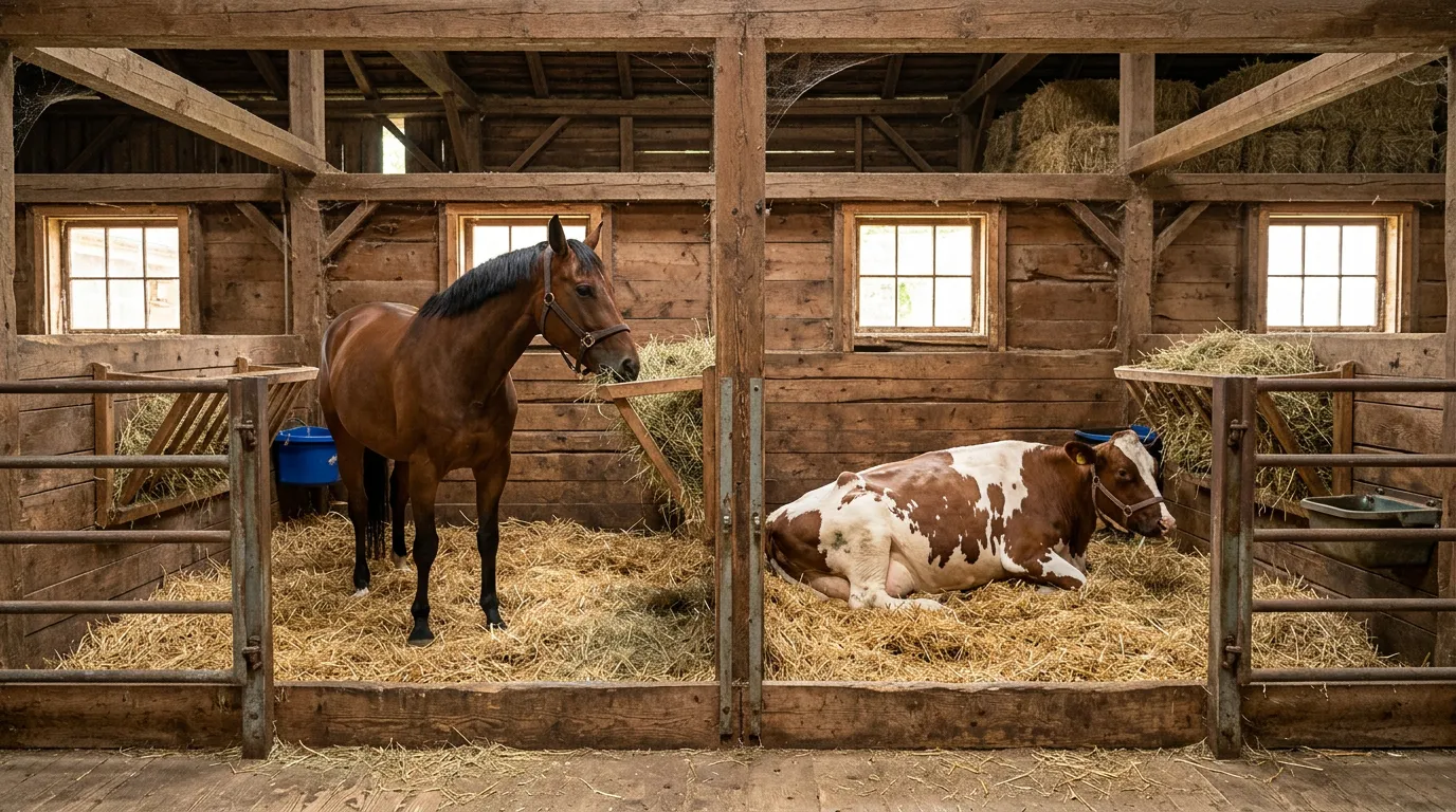 Horse and cattle in rustic barn stable environment, clean stalls with hay and water, natural lighting through windows